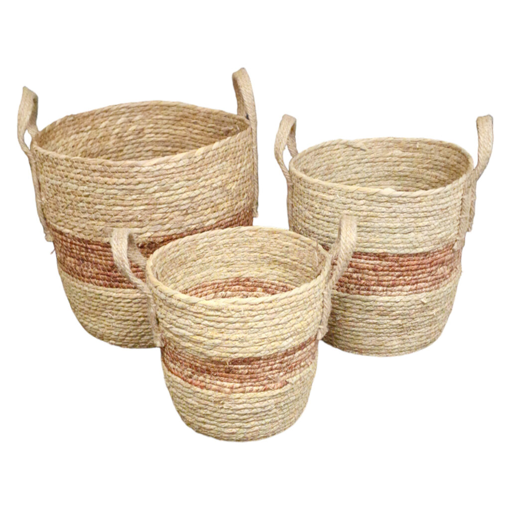 Καλάθια Boho με καφέ ρίγα Set 3